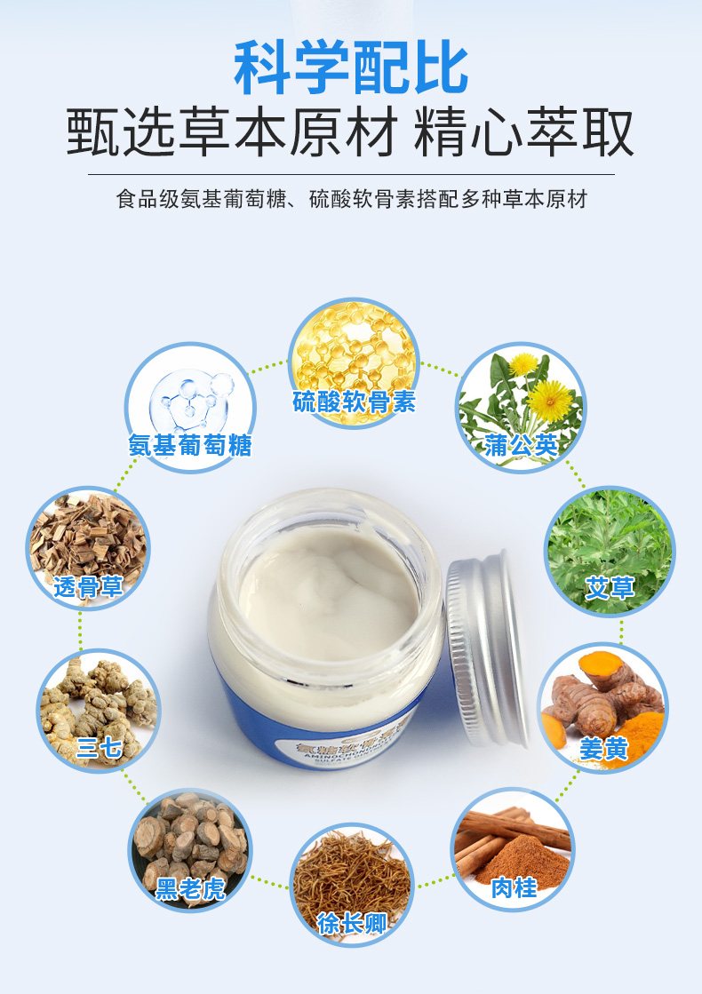 科學配比，甄選草本原材精心萃取，食品級氨基葡萄糖、硫酸軟骨素搭配多種草本原材